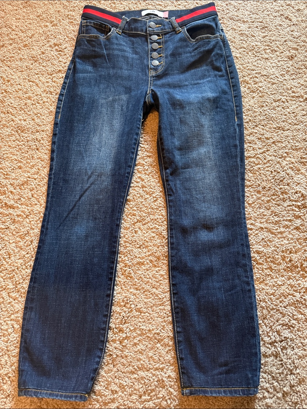CAbi Simone Jean Dark Blue Straight-Leg Jeans with Red Accent Waistband
